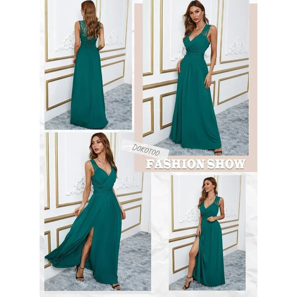 Women's V-Neck Maxi Dress Ruched Elegant Formal Party Bridesmaid Gown - Picture 6 of 7